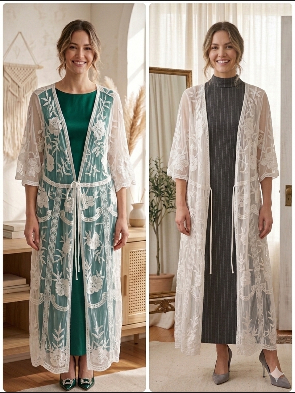 Entro White Lace Floral Embroidered Longline Duster Kimono - Size XL/1X (EUC)